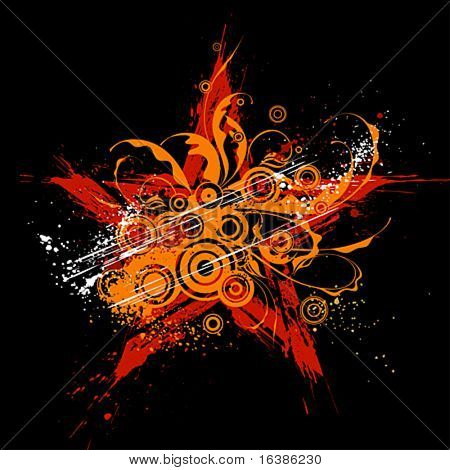 red star on black background and orange grunge flowers ornament