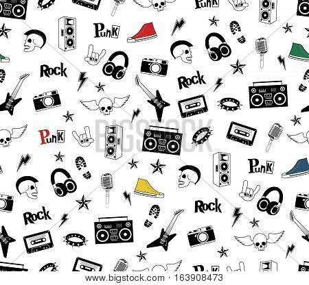 Punk Rock seamless pattern isolated on white. Rock and roll doodles. Music signs, rockstar, record label, skull, tattoo, guitar band. Cool vector hand drown design for print, textille, wrapping paper