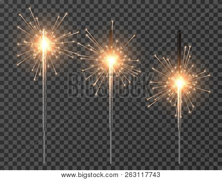 Bengal Light. Christmas Sparkler Lights, Diwali Firework Candle. Realistic Bengal Party Lights Vecto