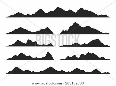 Mountains Silhouettes On The White Background. Wide Semi-detailed Panoramic Silhouettes Of Highlands