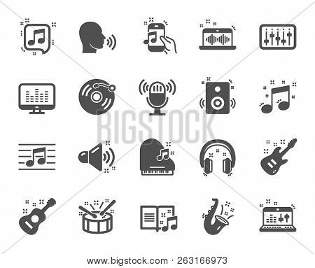 Music Icons. Set Of Acoustic Guitar, Musical Note And Vinyl Record. Jazz Saxophone, Drums With Drums