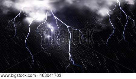 Rain With Lightning And Clouds In Sky At Night. Vector Realistic Illustration Of Thunderstorm, Cold 