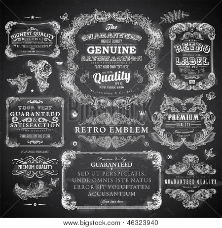 Vector set of calligraphic design elements: page decoration, Premium Quality and Satisfaction Guarantee Label, antique and baroque frames | Chalkboard background. Black illustration variant.