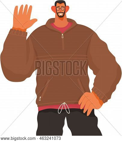 Portrait Of Smiling Man Saying Hello And Waving With Hand. Hi Or Bye Gesture. Happy Guy Greeting And