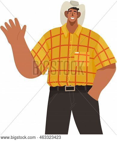 Portrait Of Smiling Man Saying Hello And Waving With Hand. Hi Or Bye Gesture. Happy Guy In Cowboy Ha