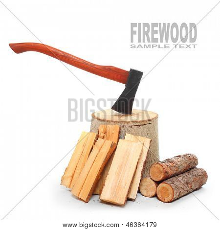 Cut logs fire wood and axe. Renewable resource of a energy. Environmental concept.