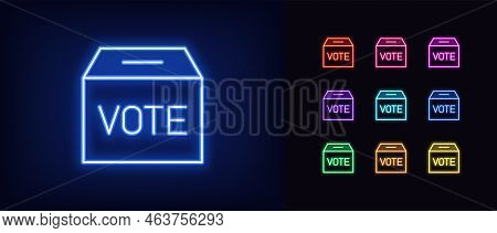 Outline Neon Vote Box Icon. Glowing Neon Voting Box With Text Vote, Public Polling And Election Day 