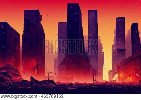 City Destroy In War Zone, Abandoned Buildings At Night. Destruction, Natural Disaster Or Cataclysm C