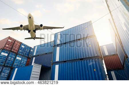 Air Logistics. Cargo Airplane Flying Above Stack Of Logistic Container. Cargo And Shipping Business.