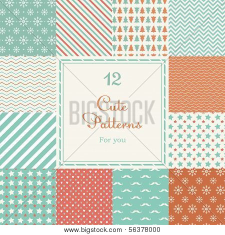 12 Cute different vector seamless patterns (tiling).