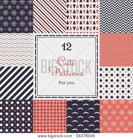 12 Cute different vector seamless patterns (tiling).