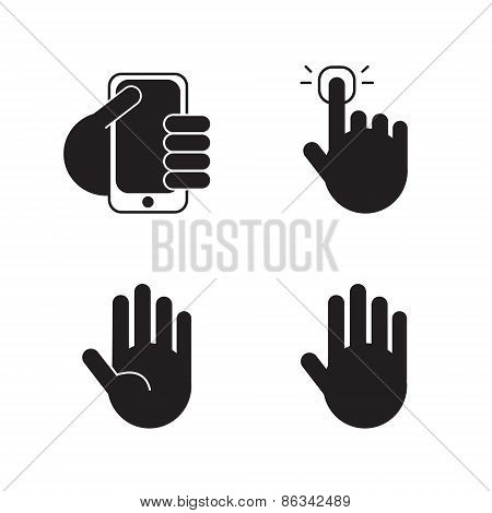 vector set of black silhouette hand icons, signs isolated. Hand, holding iphone apple, voting hand,