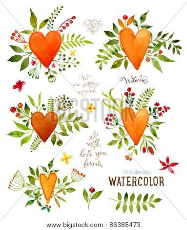 Floral Set with Watercolor Flowers for Summer or Spring Cards, Invitations, Flyers, Banners or Posters Design. Aquarelle Flowers, Hearts and Leaves Collection for Greeting and Wedding Cards