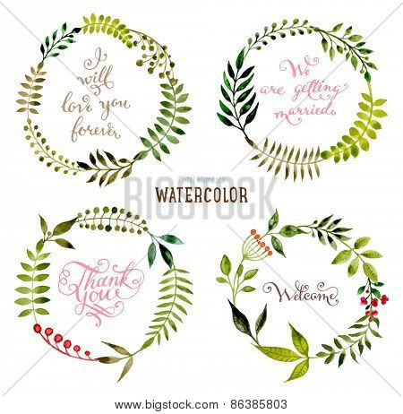 Floral Set with Watercolor Flowers for Summer or Spring Cards, Invitations, Flyers, Banners or Posters Design. Aquarelle Flowers, Wreath and Leaves Collection for Greeting and Wedding Cards.