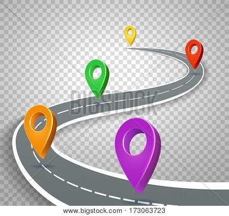 Business roadmap 3d pointers on transparent background. Abstract road with pins vector illustration. Business map with navigation color marker