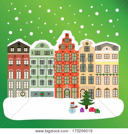 Vector Illustration. Village In Christmas Banner On Background With Snow And Snowflakes. Greeting Ca