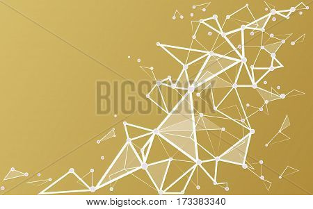 Abstract triangles space low poly. White gold background with connecting dots and lines. Light connection structure. Polygonal vector background. Futuristic HUD.