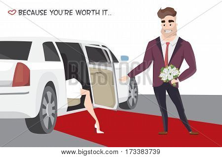 Famous girl out of limo on red carpet. Man with bouquet meets celebrity on red carpet. Awarding actors and celebrities.