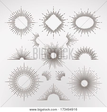 Abstract sun burst rays with border and frames vintage art vector set. Sunburst frame elements for graphic design, illustration of vintage radial line sunburst