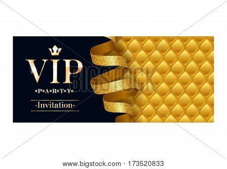 VIP party premium invitation card poster flyer. Black and golden design template. Quilted yellow pattern decorative background with gold ribbon serpentine.