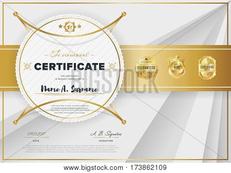 Certificate vector template or diploma design. Graduation, achievement certificate, success layout. Golden certificate design. Modern certificate border or diploma with abstract text. Diploma template vector layout.