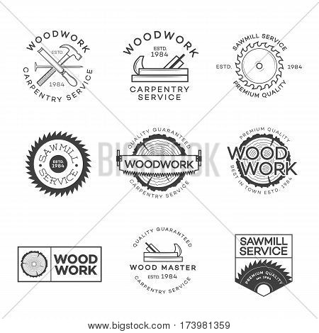 Set of carpentry service, sawmill and woodwork labels isolated on white background. Stamps, banners and design elements. Wood work and manufacture label templates. Vector illustration