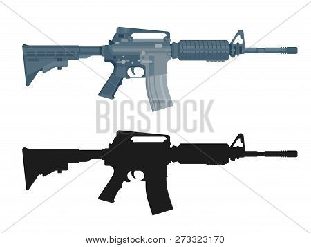 M16 Assault Rifle Isolated On White. Flat Design. Military Automatic Gun Silhouette. Vector Illustra