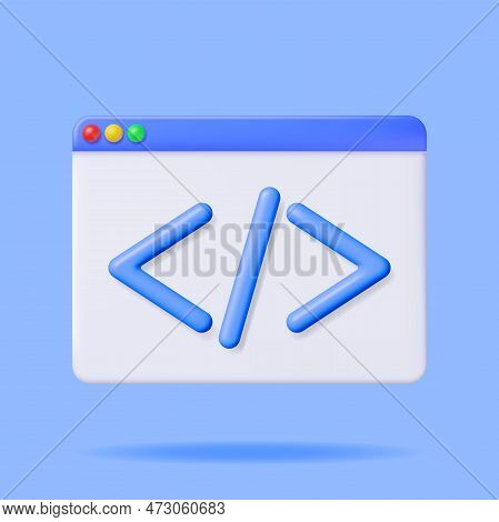 3d Code Icon Window Isolated On White. Render Python Or Java Api Symbols. Computer Programming Langu