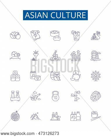 Asian Culture Line Icons Signs Set. Design Collection Of Asian, Culture, Japan, China, India, Rice, 