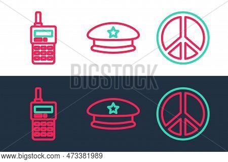 Set Line Peace, Walkie Talkie And Military Beret Icon. Vector