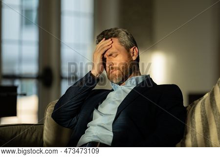 Tired Man Feel Pain Head. Close Up Portrait Of Stressed Man Suffer From Headache At Office. Stressed