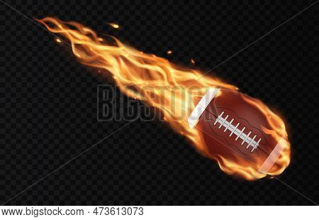 Flying American Football Ball With Fire Flame Trails, Vector Sport Game Background. American Footbal