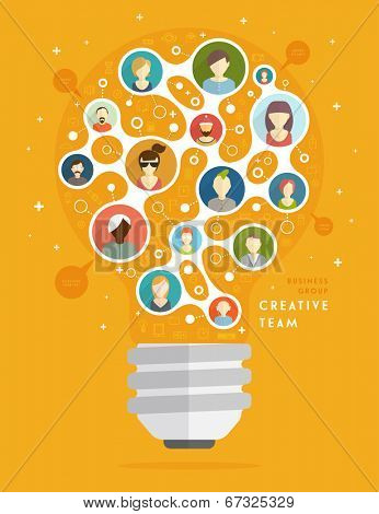 Social Media Icons, Social Network Concept, Creative Team. The Shape of the Light Bulb. Mobile Technologies and Communications. Generator of Ideas. Set of People Icons.