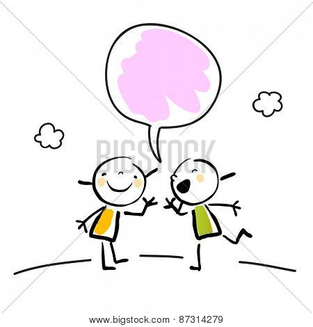 Two little girls talking, speaking and listening, with a speech balloon. 