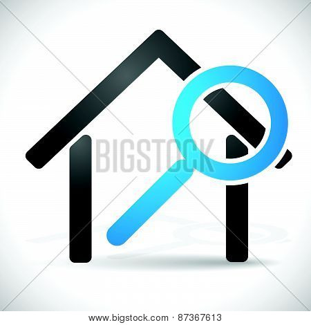 House With Magnifier. Icon For Real Estate, Renovation, Searching For A House Concepts.