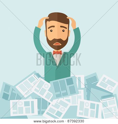 A hipster Caucasian man has a lot of works to do with those papers infront of him, problem on how to meet the deadline of his report. Disappointment concept. A contemporary style with pastel palette