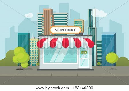 Storefront in city vector illustration, store building on town street landscape, flat cartoon style shop facade front view