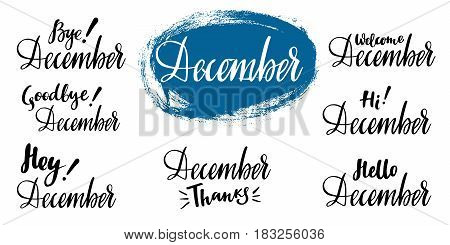 Hello - bye December - winter calligraphic set. Vector isolated illustration: brush calligraphy, hand lettering. For calendar, schedule, diary, journal, postcard, label, sticker and decor