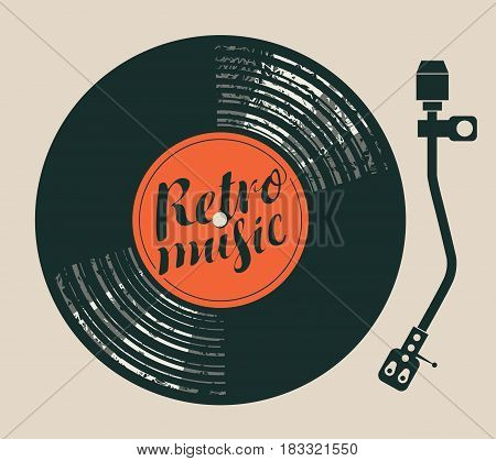 Vector poster for the retro music with vinyl record record player and handwriting lettering