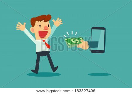 Happy businessman receiving money from smart phone screen.