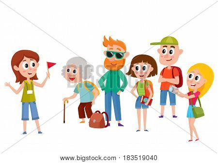 Tour guide with group of tourists, cartoon vector illustration isolated on white background. Group of tourists, travelling family listening to female guide telling something interesting, sightseeing