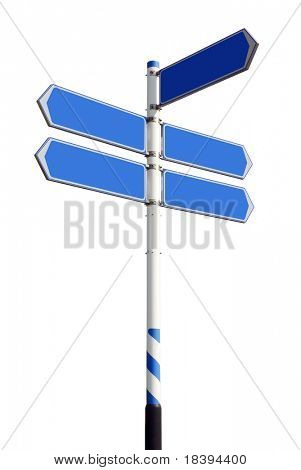 Conceptual blue roadsign with empty direction arrows for business solutions or locations, isolated on white background (with clipping path)