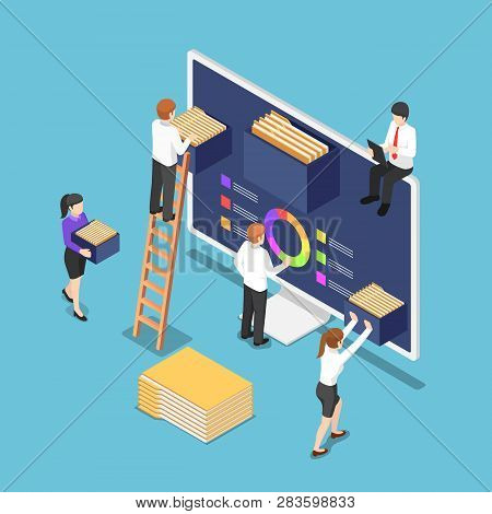 Flat 3d Isometric Business People Are Organize Document Files And Folders Inside Computer. File And 