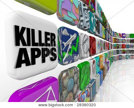 De woorden Killer Apps op een app tegel in een muur van applicaties en software die je naar yo downloaden kunt