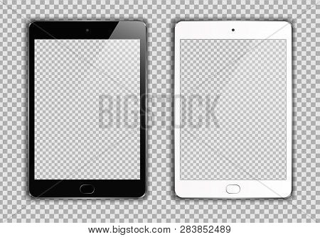 New Realistic set of White and Black Tablet PC Computer on transparent Background. Can Use for Template, Project, Presentation or Banner. Electronic Gadget, Device Set Mock Up. Vector Illustration