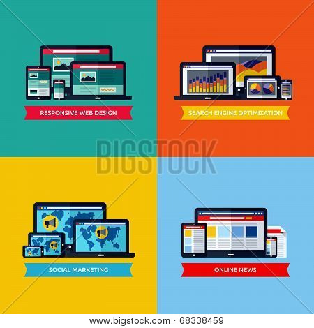 Modern Flat Vector Concepts Of Web Design, Seo, Social Media Marketing, Online News. Design Elements