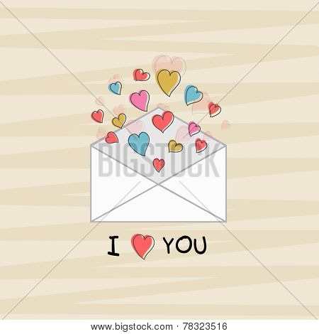 Happy Valentine's Day celebration concept with I Love You text and colorful hearts coming out from an open love envelope on stylish background.