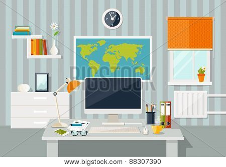 Vector flat illustration. Workplace concept. Modern home office interior