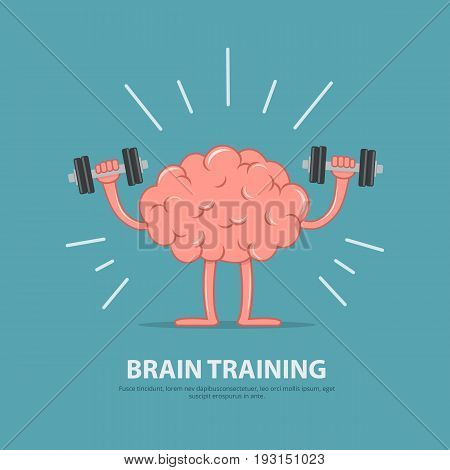 Brain power. Brain exercise. Cartoon brain character lifting dumbbells. Education concept. Vector illustration in flat style.