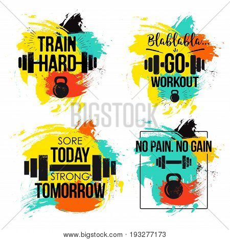 Gym and fitness motivation quote set. Inspirational text to keep going to the gym to train hard and reach one goal. Vector illustration on white background